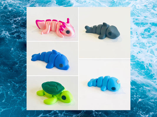 3D Printed Aquatic Ocean Animals, Axolotl, Shark, Sea Turtle, Narwhal, Dolphin